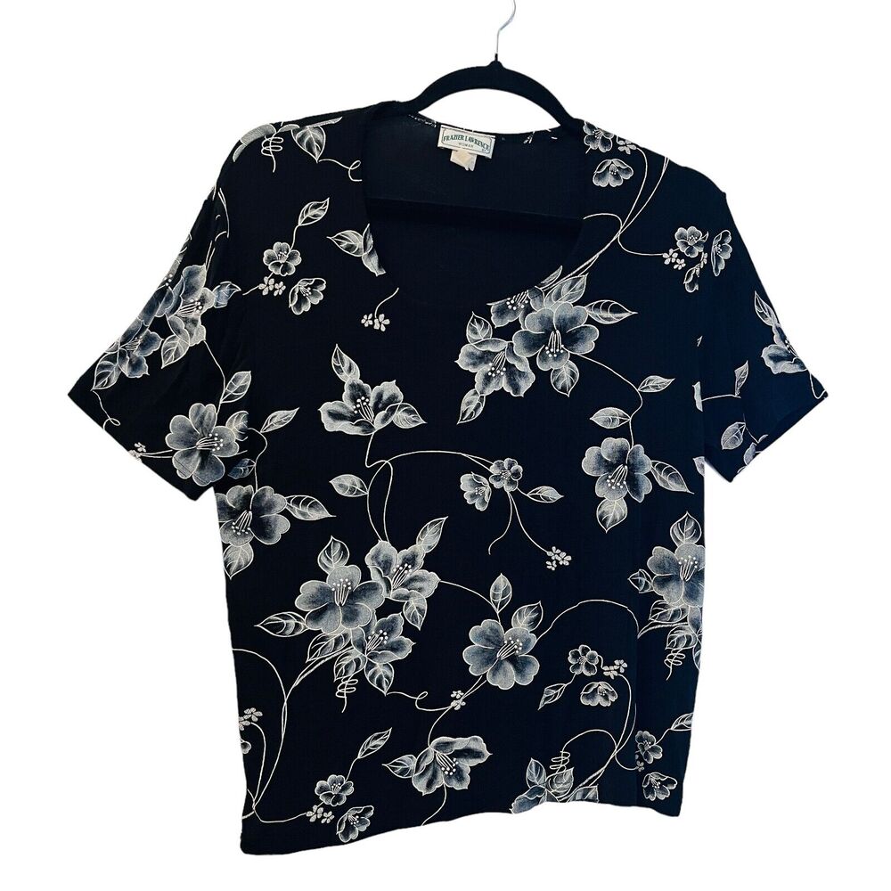Frazier Lawrence Womens Top 2X Black Floral Short Sleeve Slinky Travel Knit